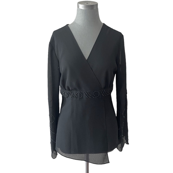 COLDWATER CREEK Black Chiffon Blouse Women’s V-Neck Long Sleeve Embellished Top - Picture 2 of 8